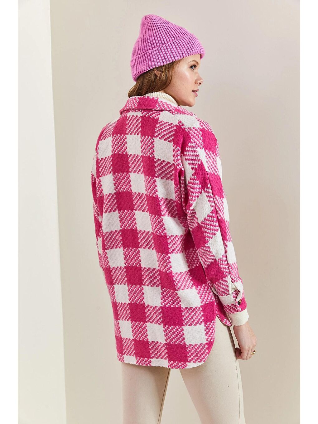 Fuşya Kadın Ekose Desenli Çift Cepli Oduncu Gömlek-3
