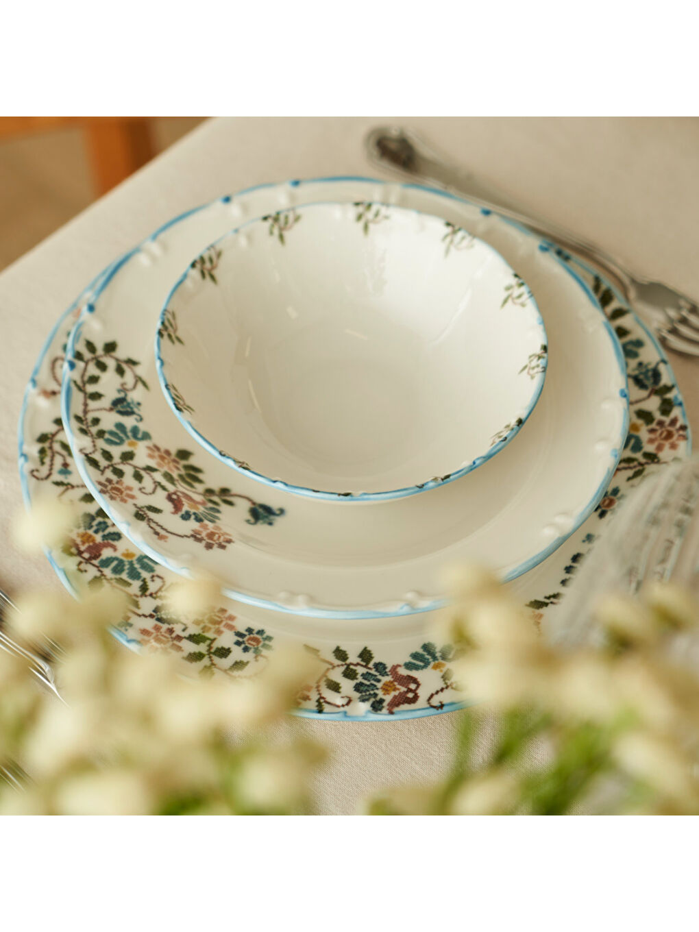 Vintage Porselen 24 Parça 6 Kişilik Yemek Takımı Mavi-3