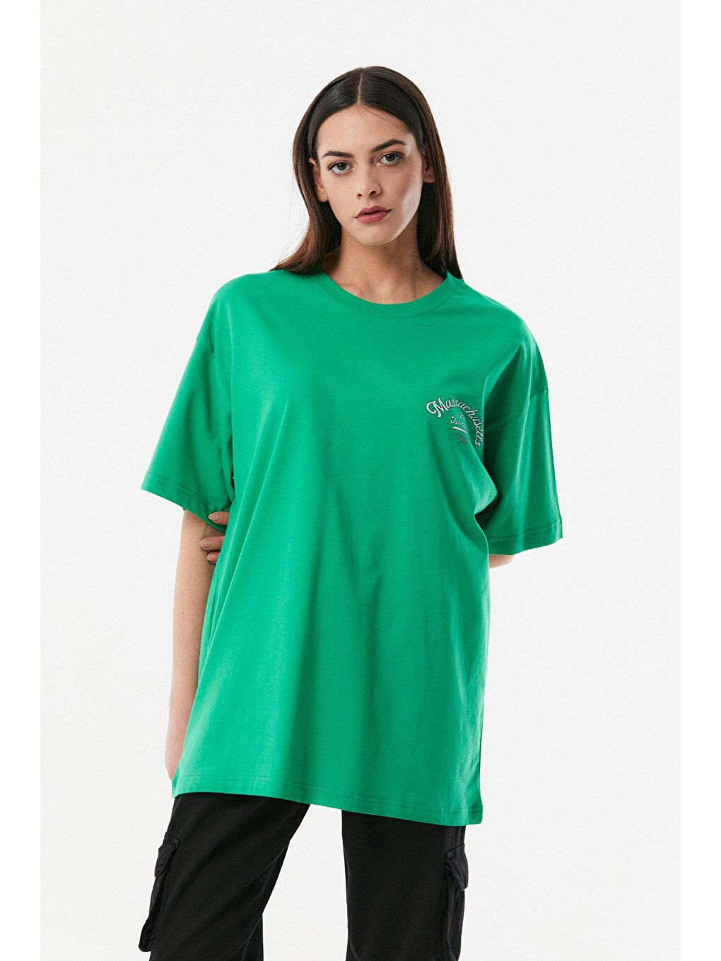 Yeşil Baskılı Bisiklet Yaka Oversize Tişört