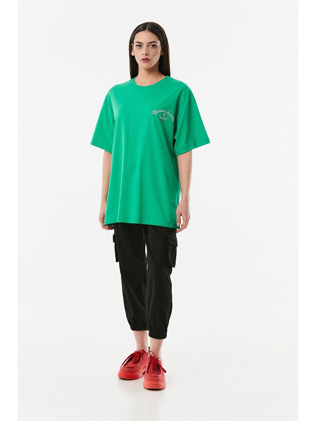 Yeşil Baskılı Bisiklet Yaka Oversize Tişört-1