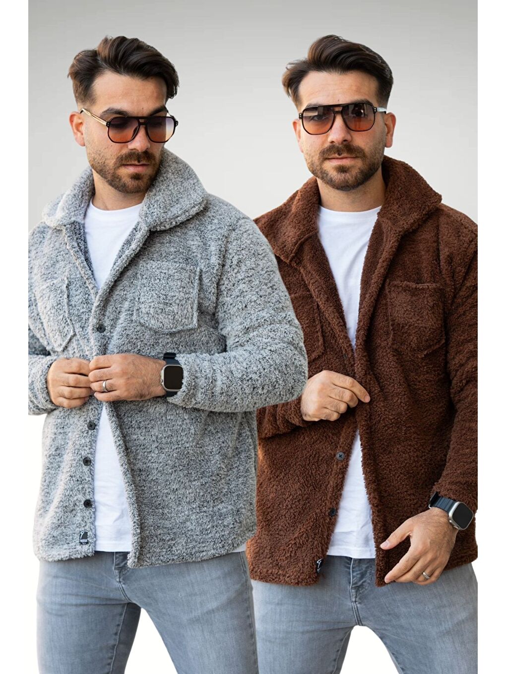 Karışık Gri Kahverengi Gömlek Yaka Göğüs Cep Detaylı Düğmeli Erkek Polar Mont Mont 2'li Set