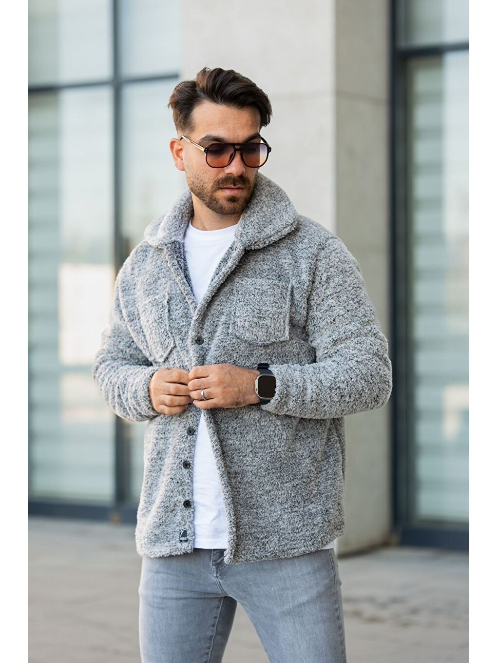 Karışık Gri Kahverengi Gömlek Yaka Göğüs Cep Detaylı Düğmeli Erkek Polar Mont Mont 2'li Set-1