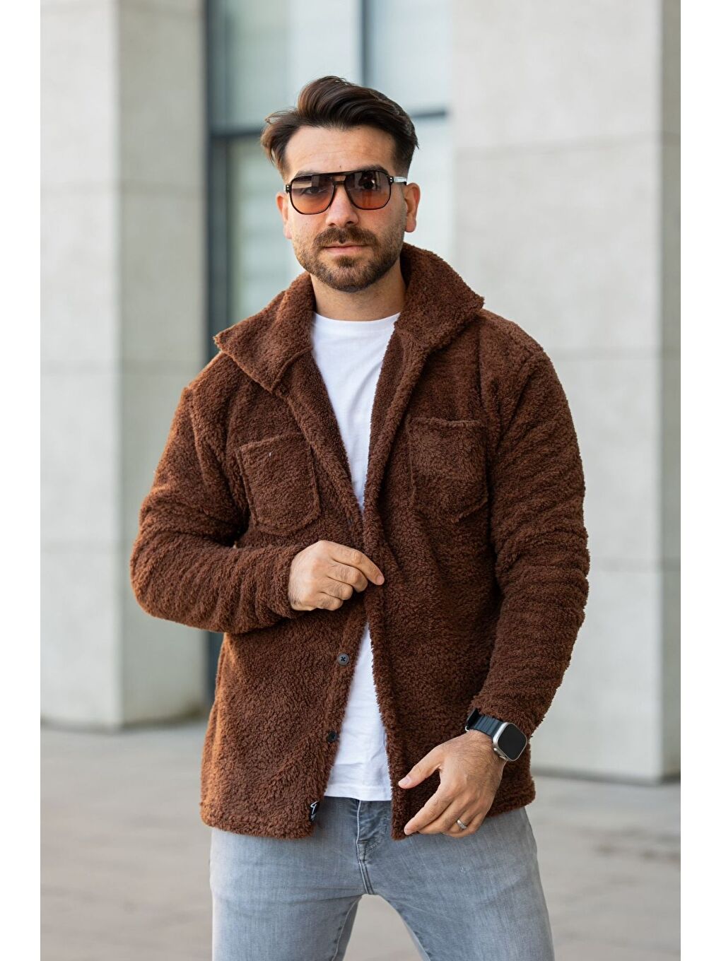 Karışık Gri Kahverengi Gömlek Yaka Göğüs Cep Detaylı Düğmeli Erkek Polar Mont Mont 2'li Set-2