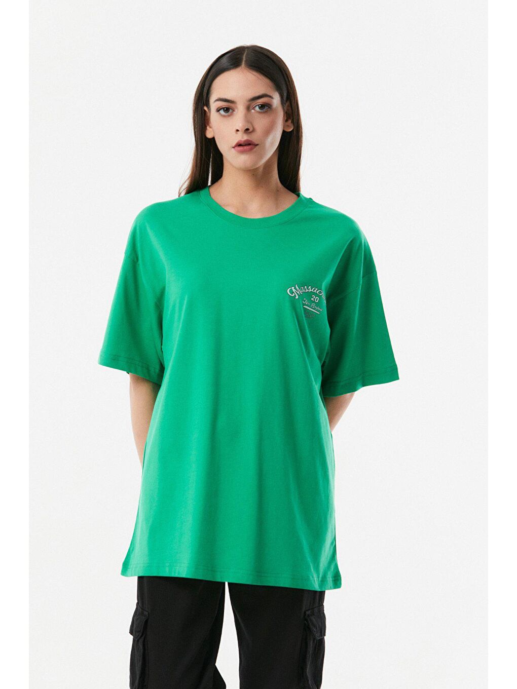 Yeşil Baskılı Bisiklet Yaka Oversize Tişört-2