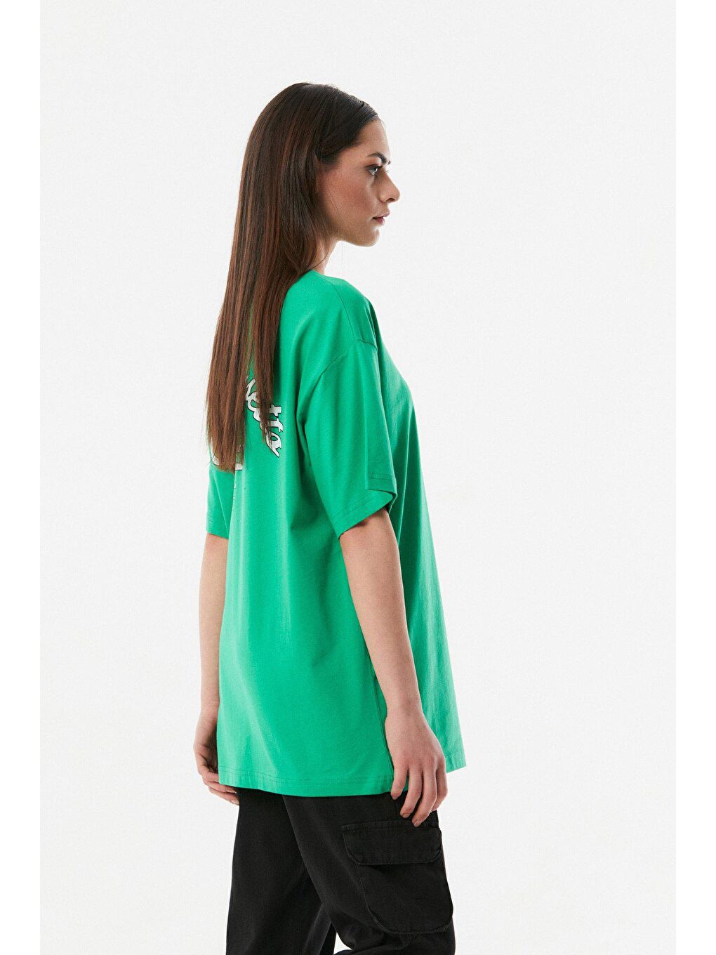 Yeşil Baskılı Bisiklet Yaka Oversize Tişört-3