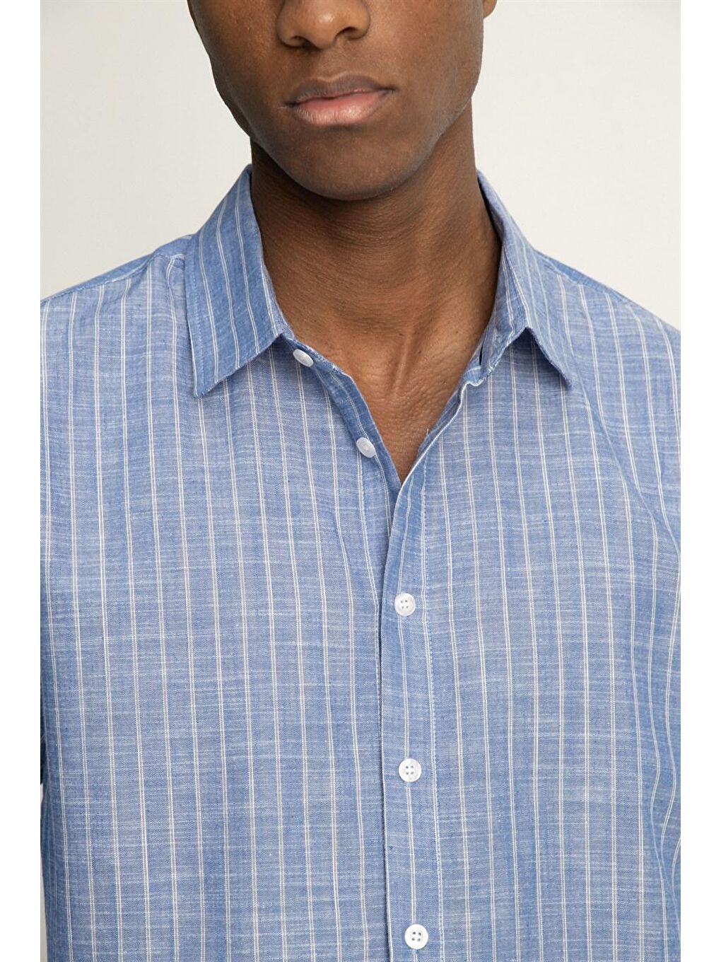 Siyah Slim Fit Uzun Kol Çizgili Yaka İçi Biyeli Ketenli Erkek Gömlek-2