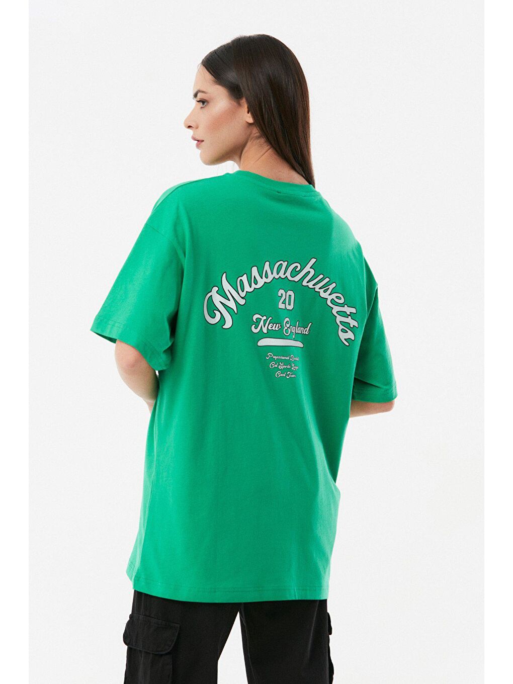 Yeşil Baskılı Bisiklet Yaka Oversize Tişört-4