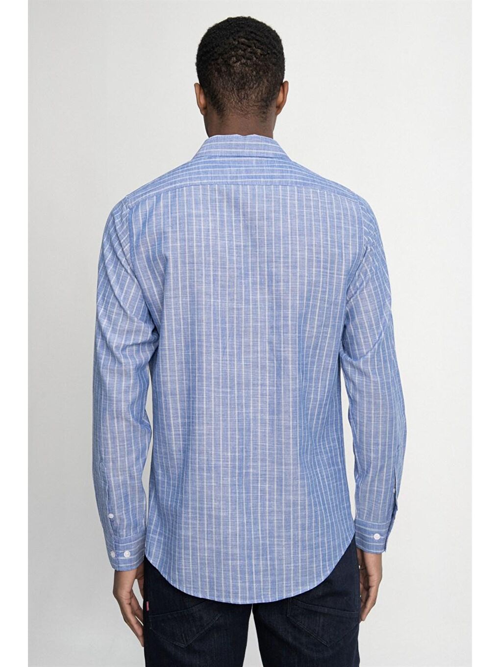 Siyah Slim Fit Uzun Kol Çizgili Yaka İçi Biyeli Ketenli Erkek Gömlek-3