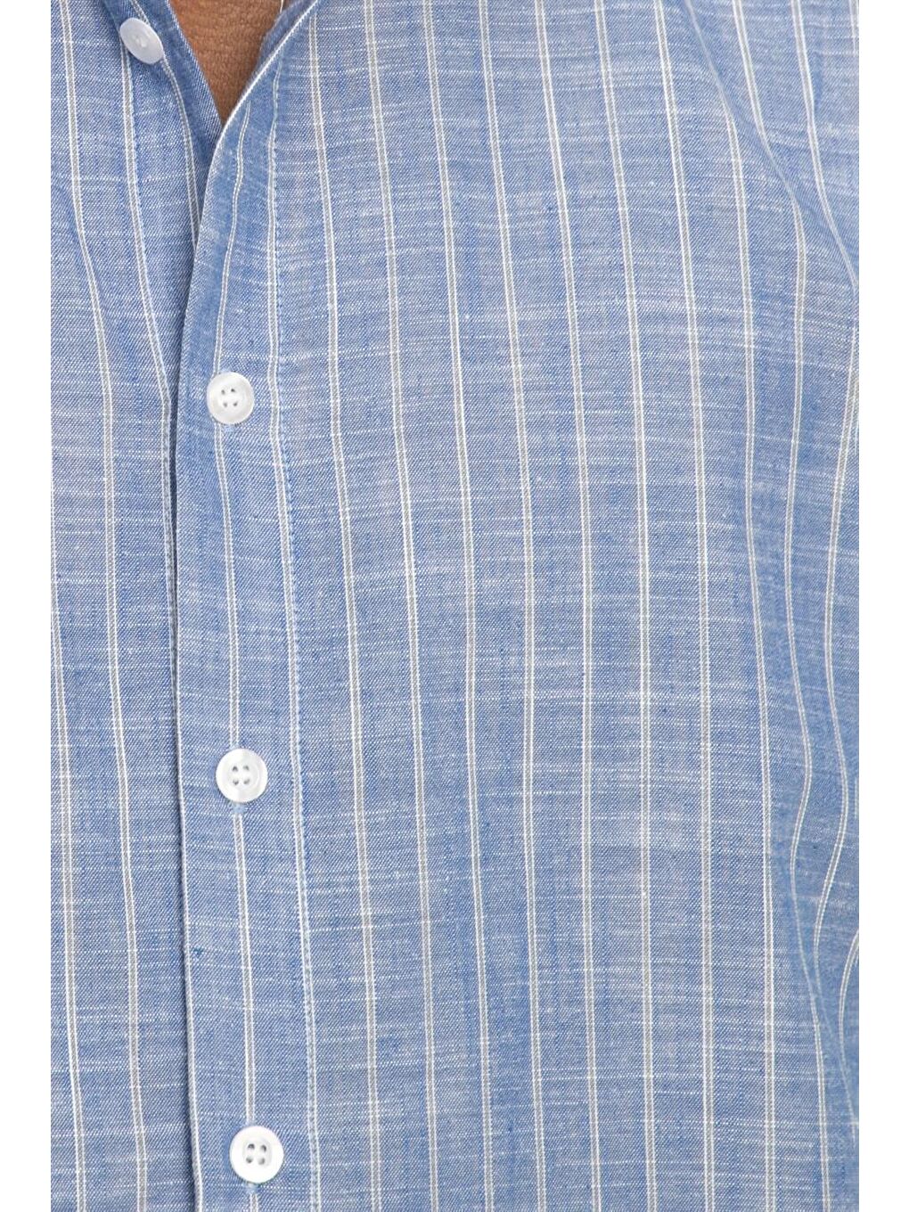 Siyah Slim Fit Uzun Kol Çizgili Yaka İçi Biyeli Ketenli Erkek Gömlek-4