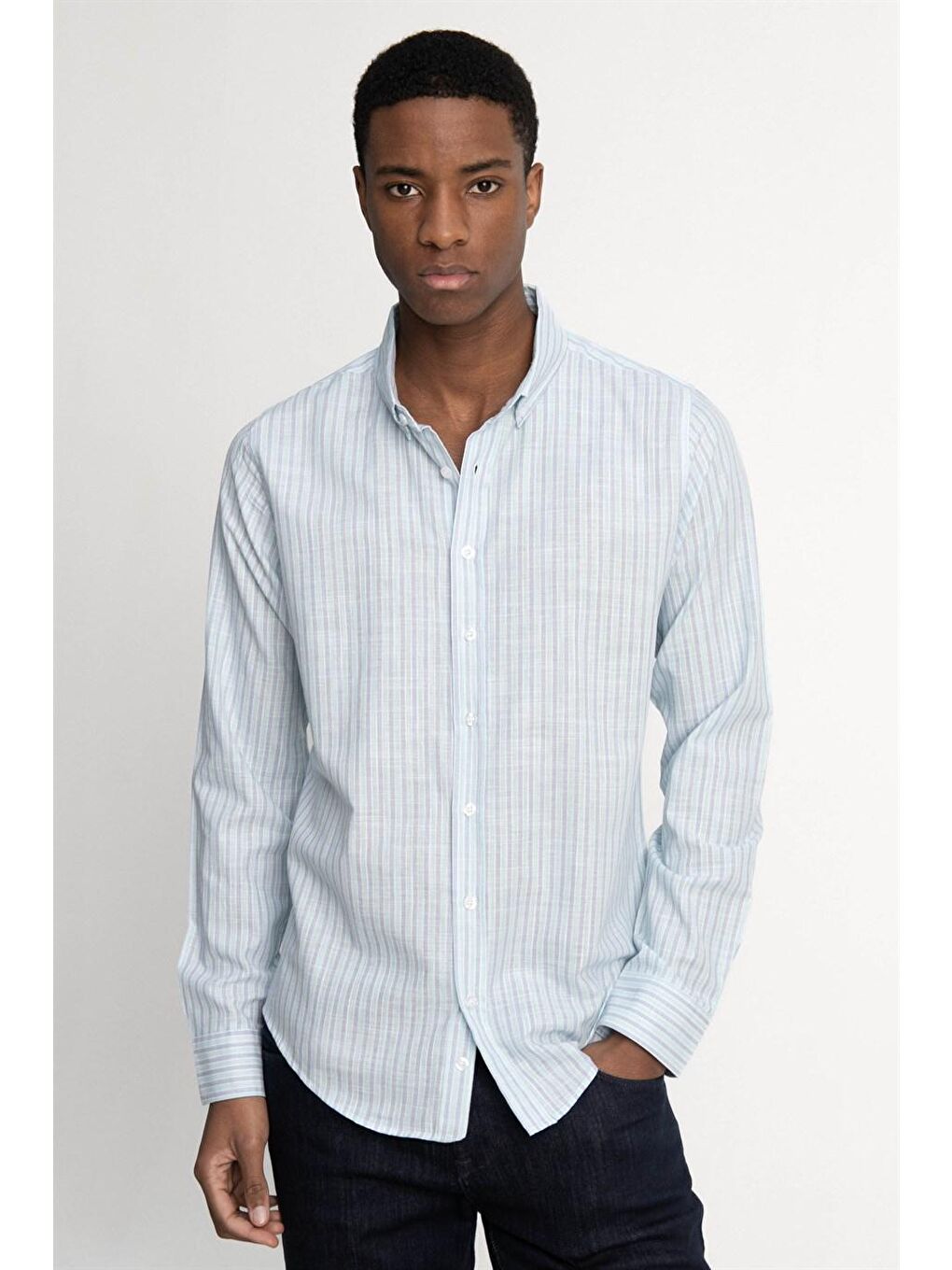 Yeşil Slim Fit Uzun Kol Çizgili Keten Düğmeli Yaka Spor Erkek Gömlek