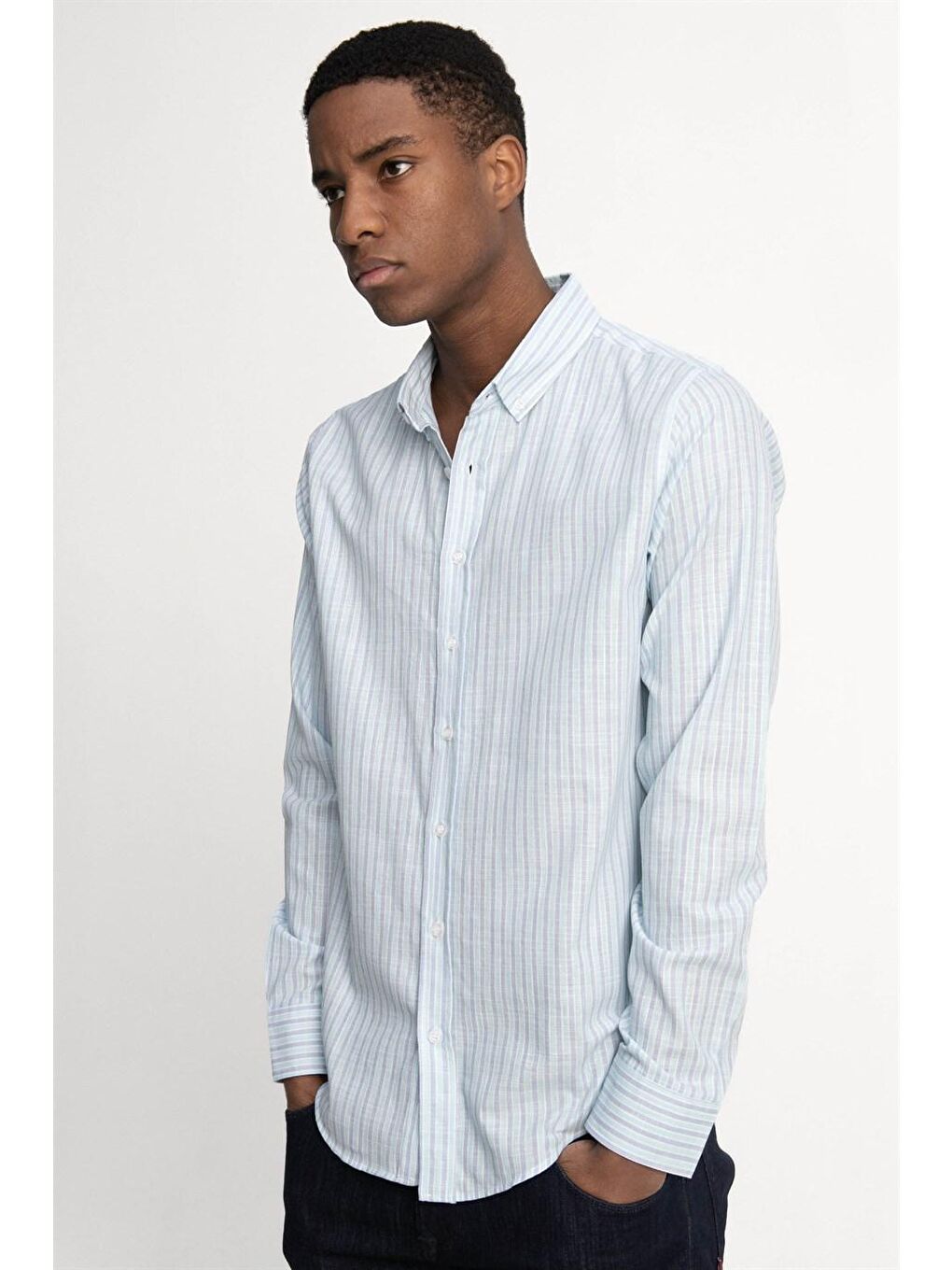 Yeşil Slim Fit Uzun Kol Çizgili Keten Düğmeli Yaka Spor Erkek Gömlek-1