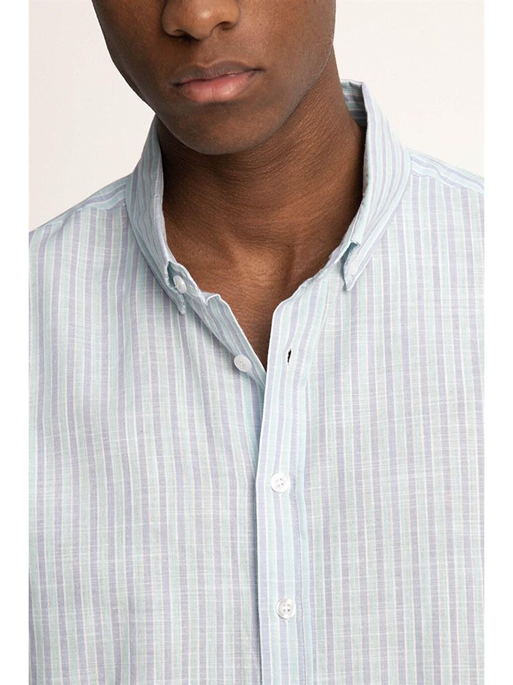 Yeşil Slim Fit Uzun Kol Çizgili Keten Düğmeli Yaka Spor Erkek Gömlek-2