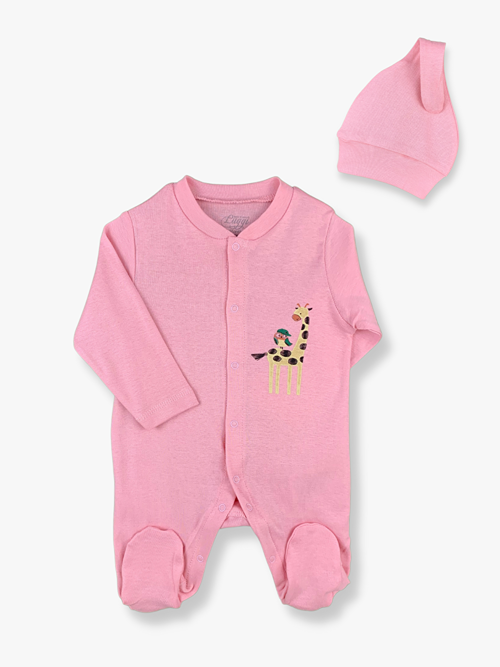 Pembe Bisiklet Yaka Uzun Kollu Kız Bebek Tulum ve Bere 2’li Takım