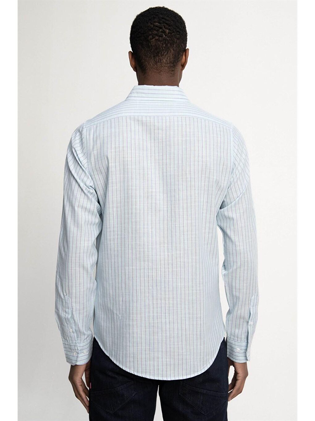 Yeşil Slim Fit Uzun Kol Çizgili Keten Düğmeli Yaka Spor Erkek Gömlek-3