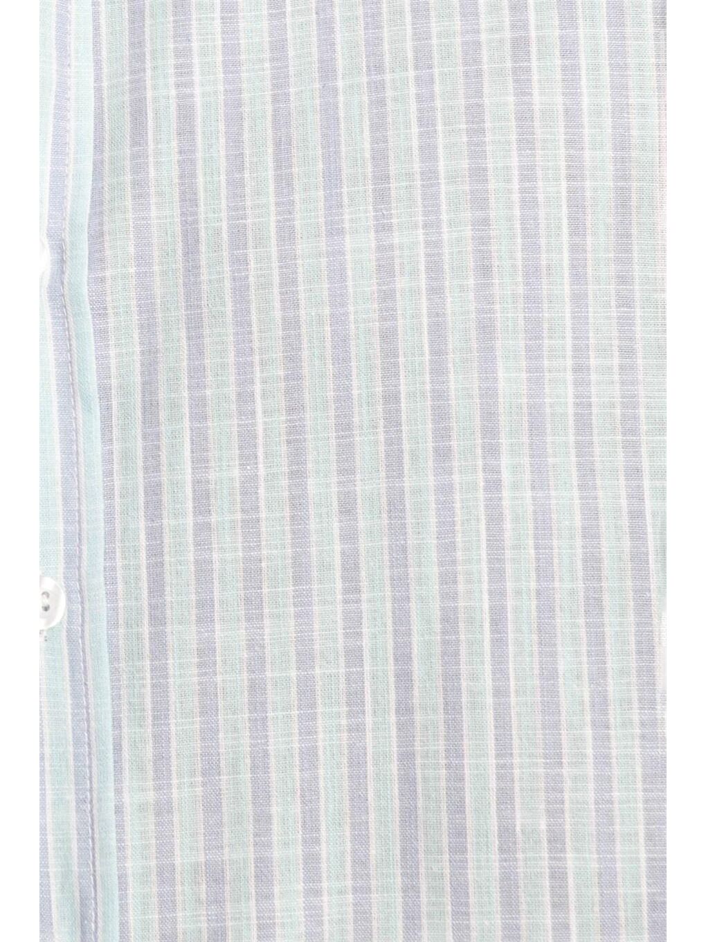 Yeşil Slim Fit Uzun Kol Çizgili Keten Düğmeli Yaka Spor Erkek Gömlek-4