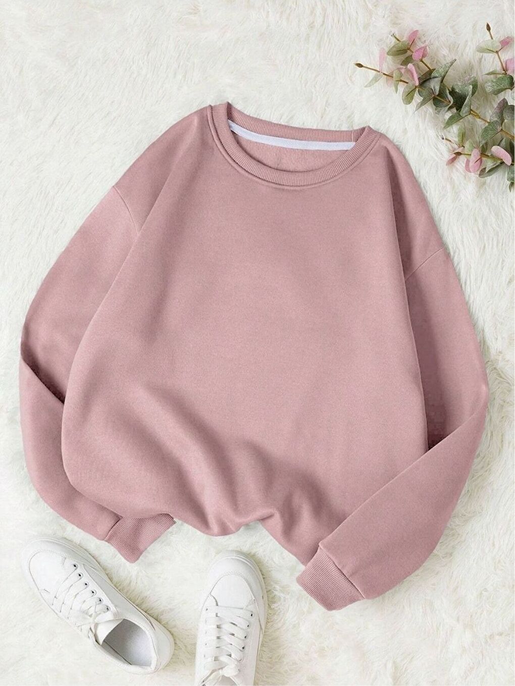 Trendseninle Pembe Kadın Gül Kurusu Düz Bisiklet Yaka Sweatshirt