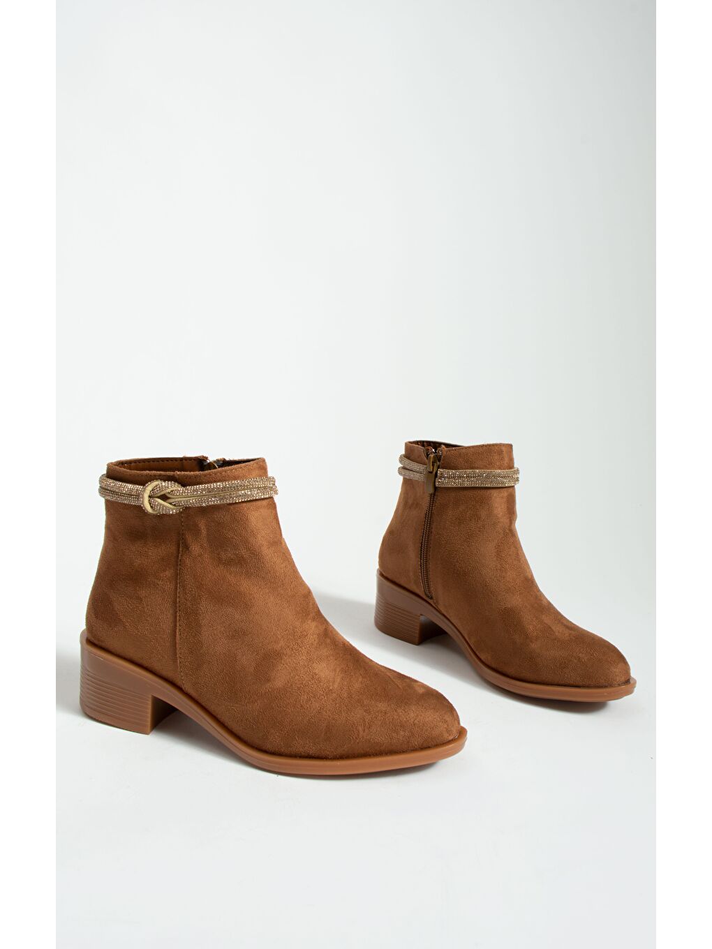 Kahverengi Şerit Taş İşlemeli Poli Taban Sıcak Astar Fermuarlı Kadın Bot B01-271-23Süet-3