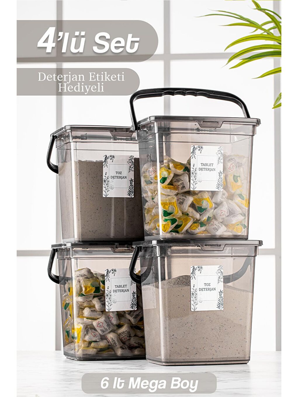 Antrasit 4'lü Set Etiketli Kapaklı Deterjan Saklama Kabı - Taşınabilir Tablet Deterjan Saklama Kutusu Platin