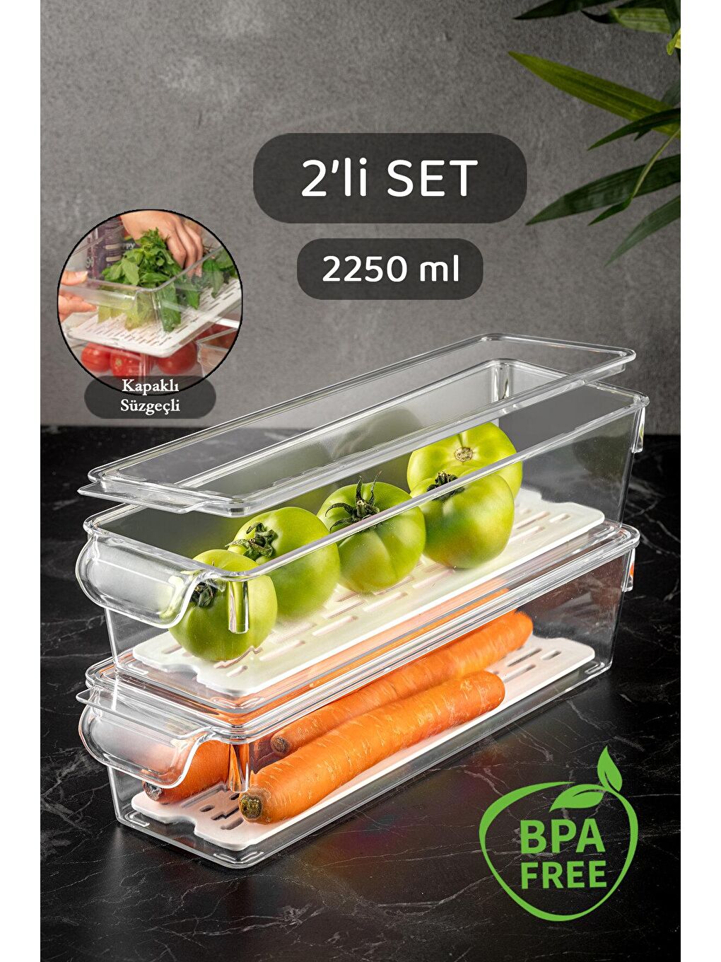 Renksiz 2’li Set – Rubby Kapaklı Kiler Dolap Organizer – Süzgeçli 10x32,5x7,5 cm-3