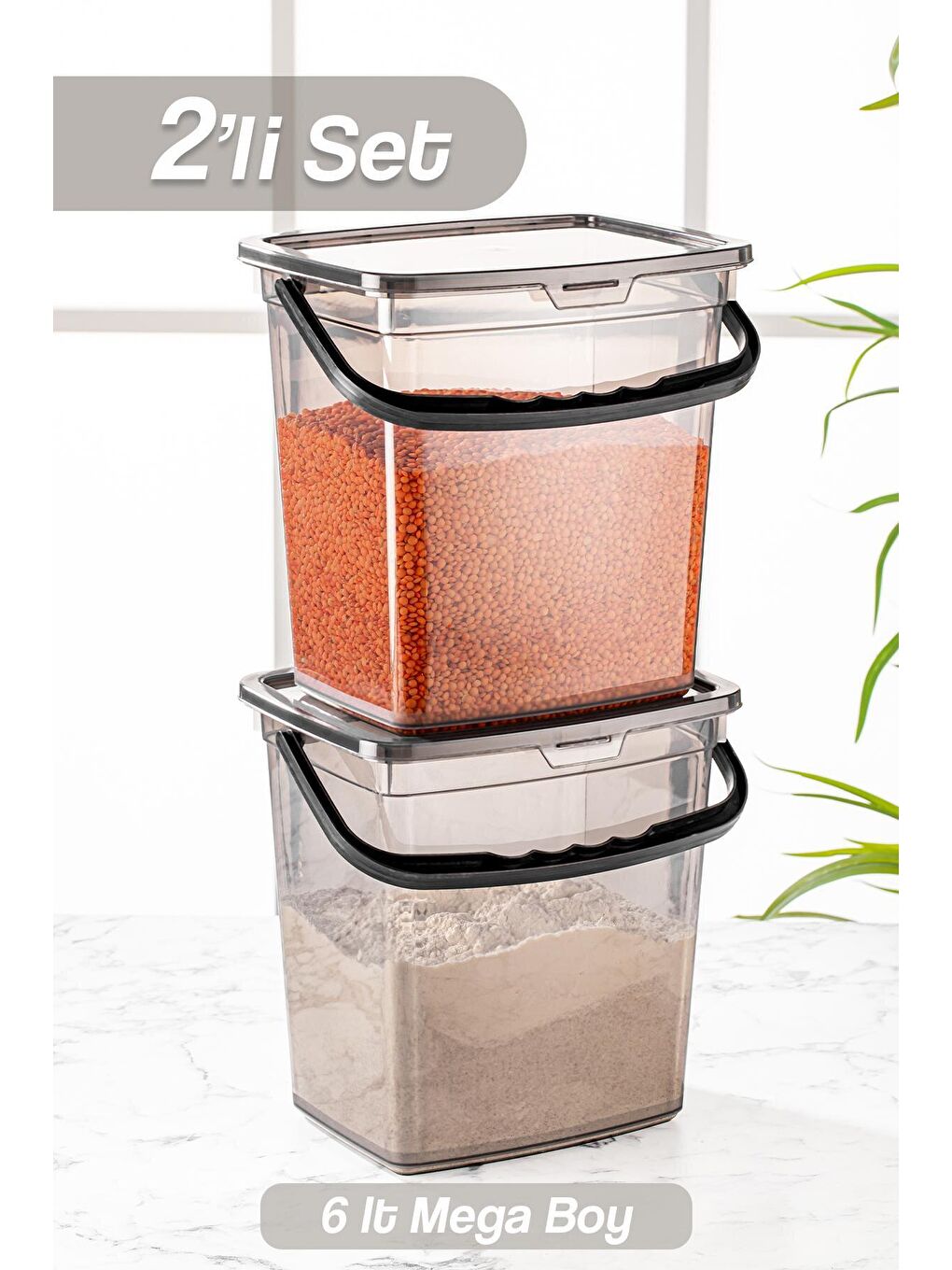 Antrasit 2'li Un ve Bakliyat Kabı 6 Litre - Platin Serisi