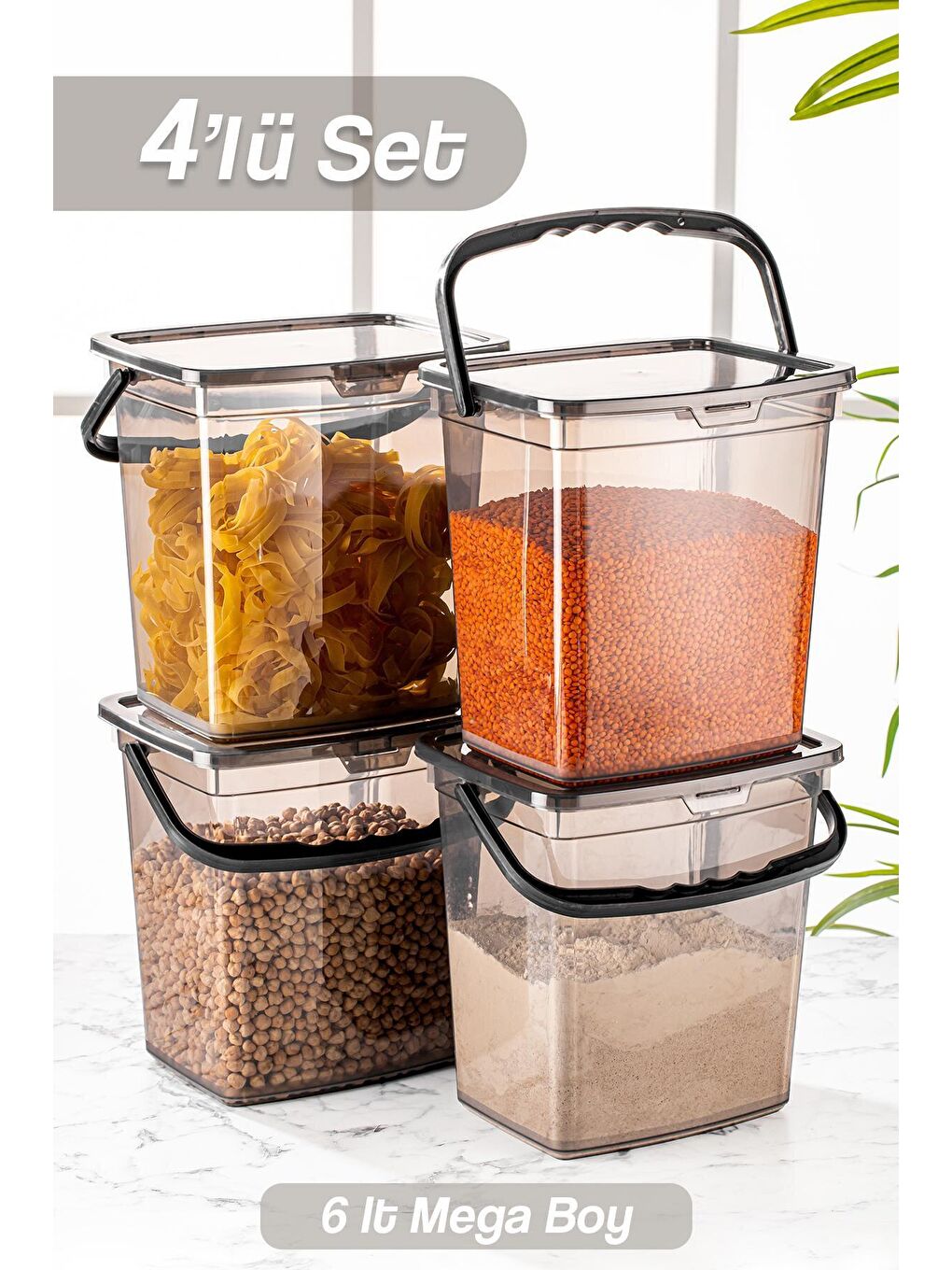 Antrasit 4'lü Un ve Bakliyat Kabı 6 Litre Platin