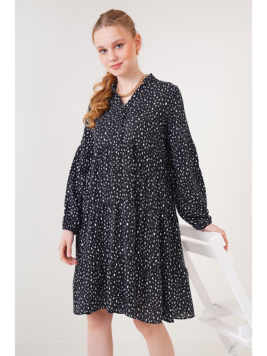 2322 Desenli Elbise - Siyah-1