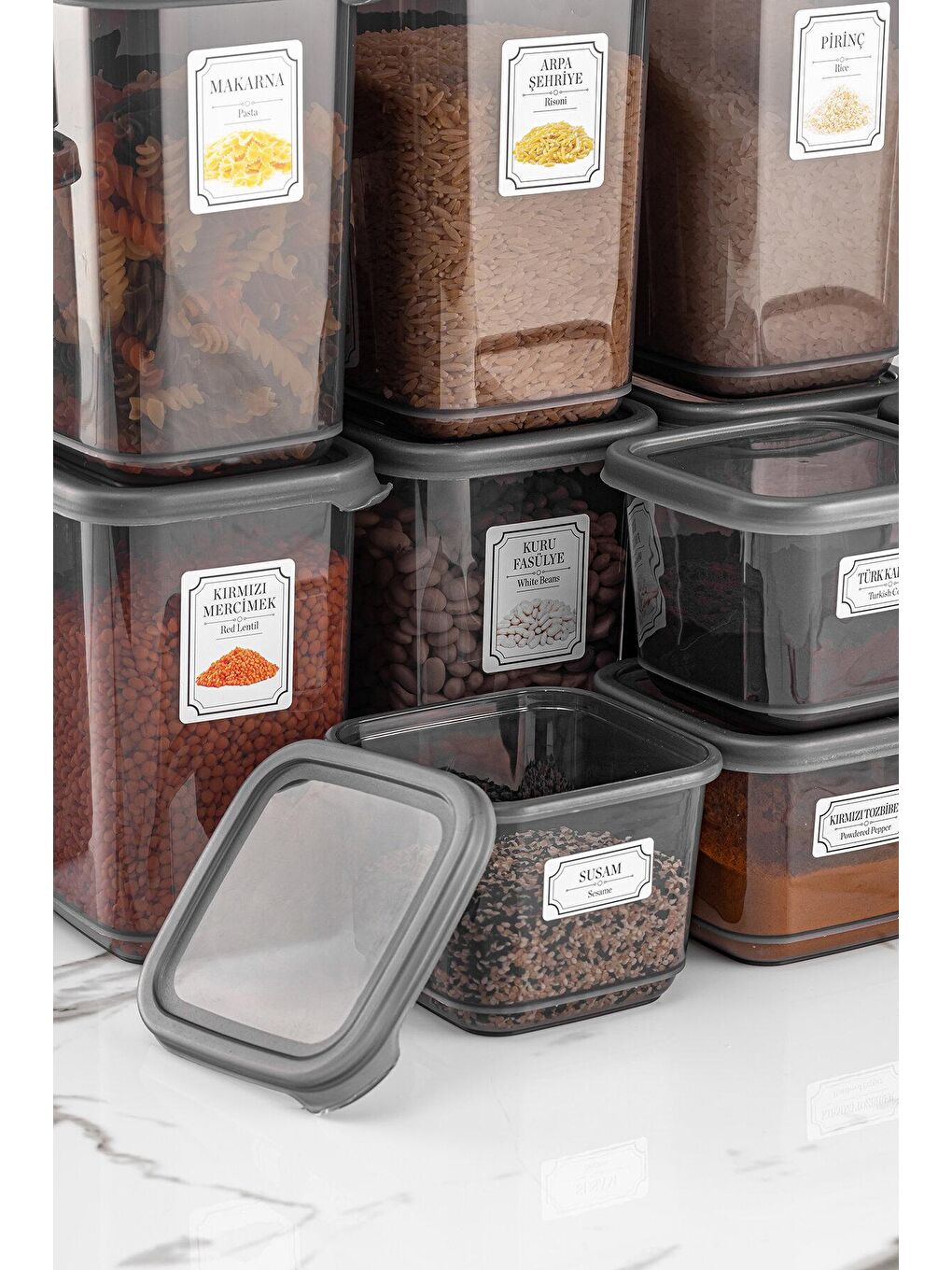 12'li Set Sızdırmaz Kapaklı Etiketli Kare Erzak Saklama Kabı Antrasit 12 x 0.50 lt Kaşıklı-2