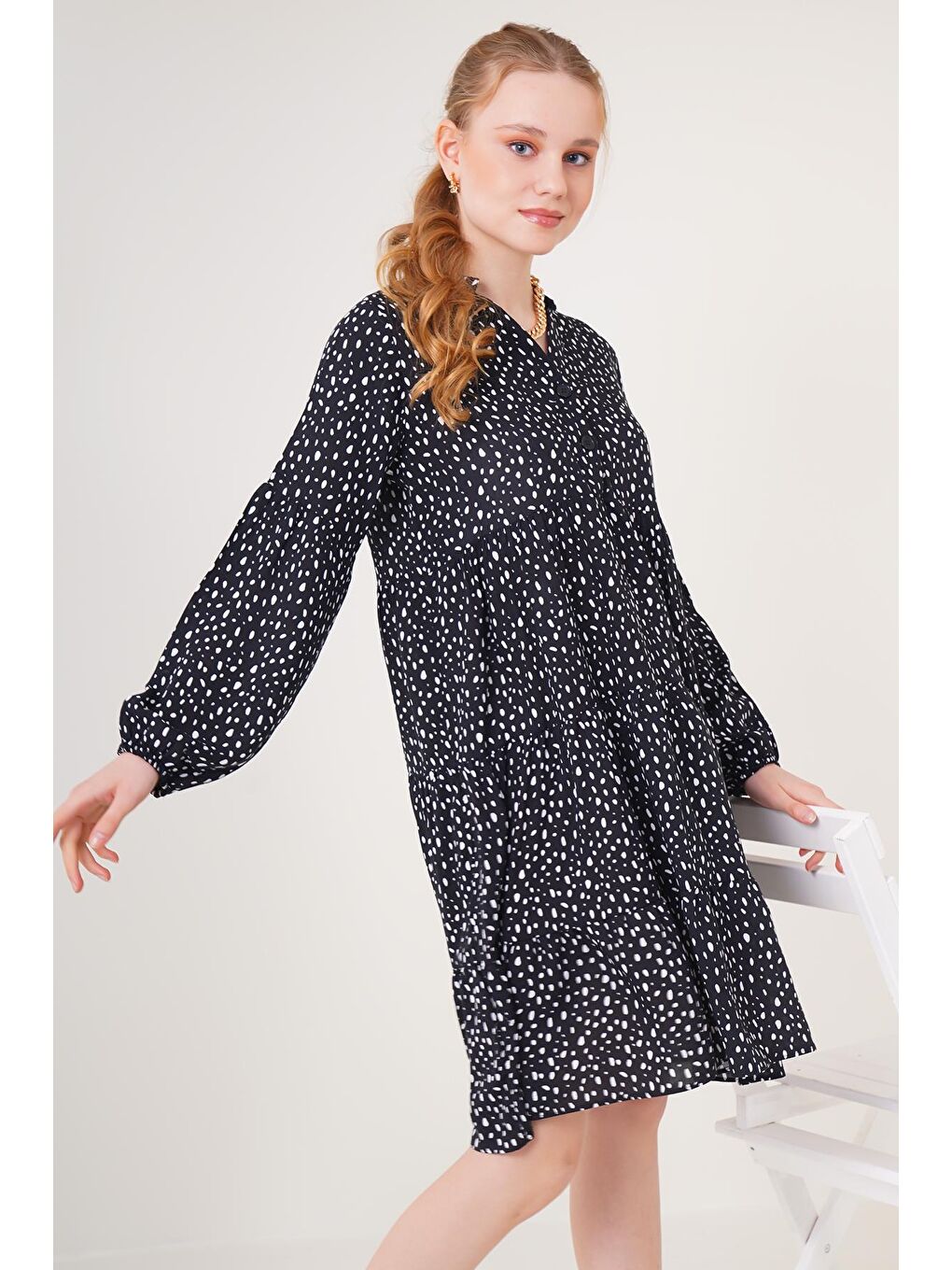 2322 Desenli Elbise - Siyah-2