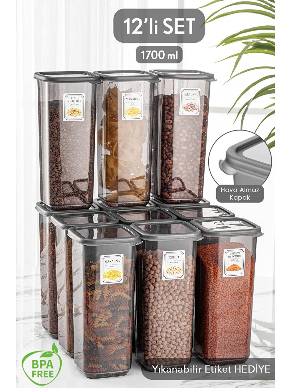 12'li Set Jumbo Boy Sızdırmaz Kapaklı Kare Erzak Saklama Kabı Antrasit 12 x 1.70 lt Etiketli