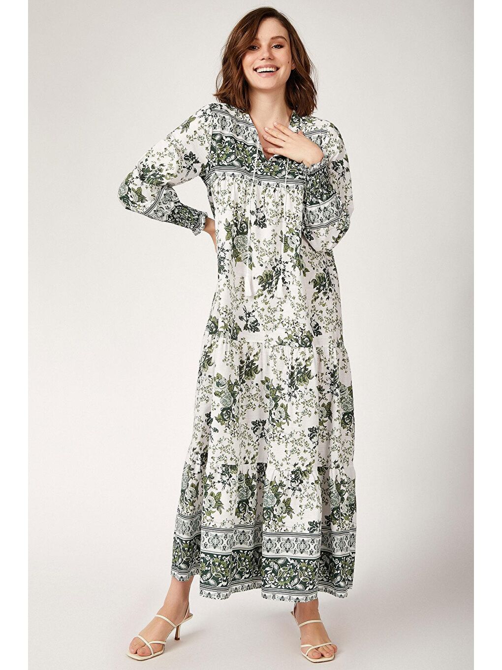 1947 Desenli Uzun Elbise - Haki