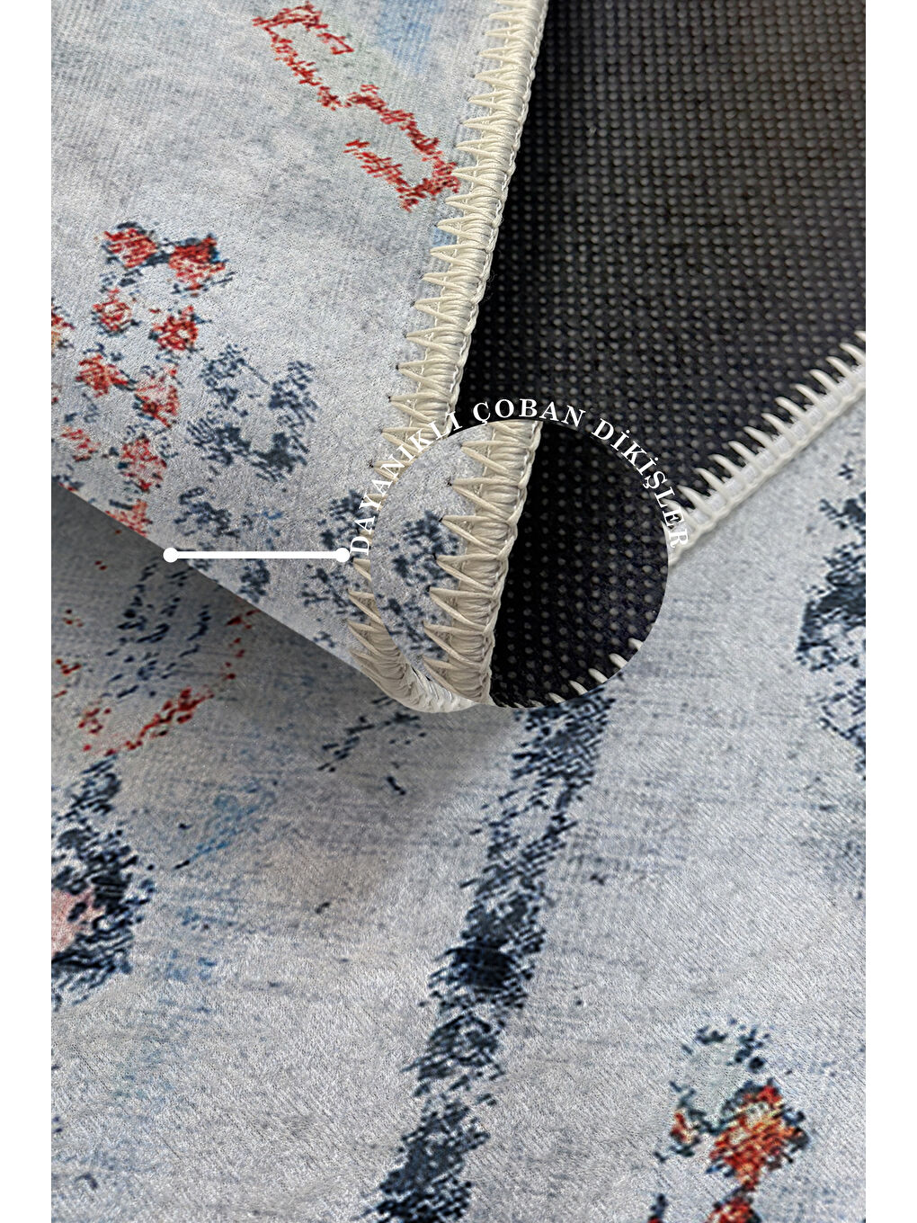 Mavi Dekoratif Özel Tasarım Yıkanabilir İnce Kaymaz Tabanlı Modern Halı KECE FR34-3