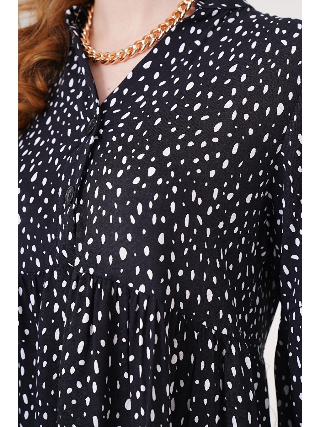 2322 Desenli Elbise - Siyah-3