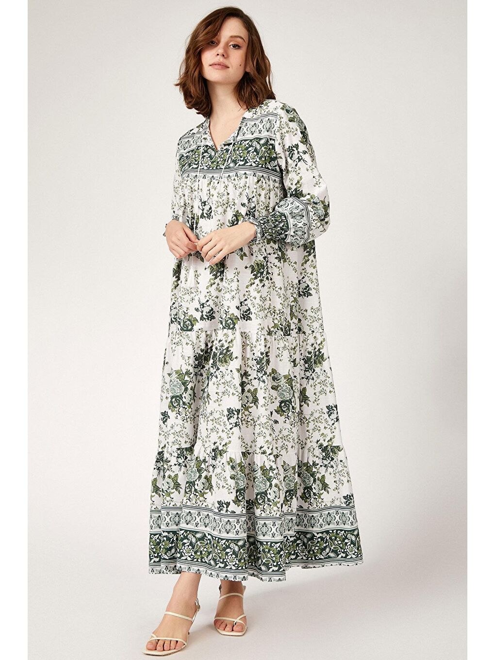 1947 Desenli Uzun Elbise - Haki-1