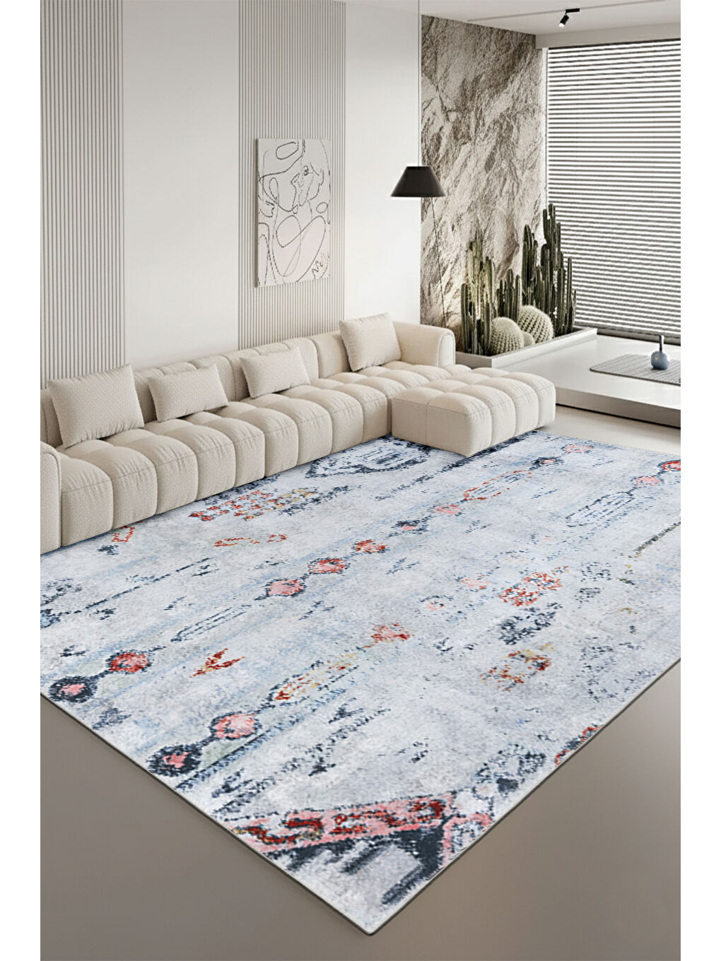 Mavi Dekoratif Özel Tasarım Yıkanabilir İnce Kaymaz Tabanlı Modern Halı KECE FR34-2