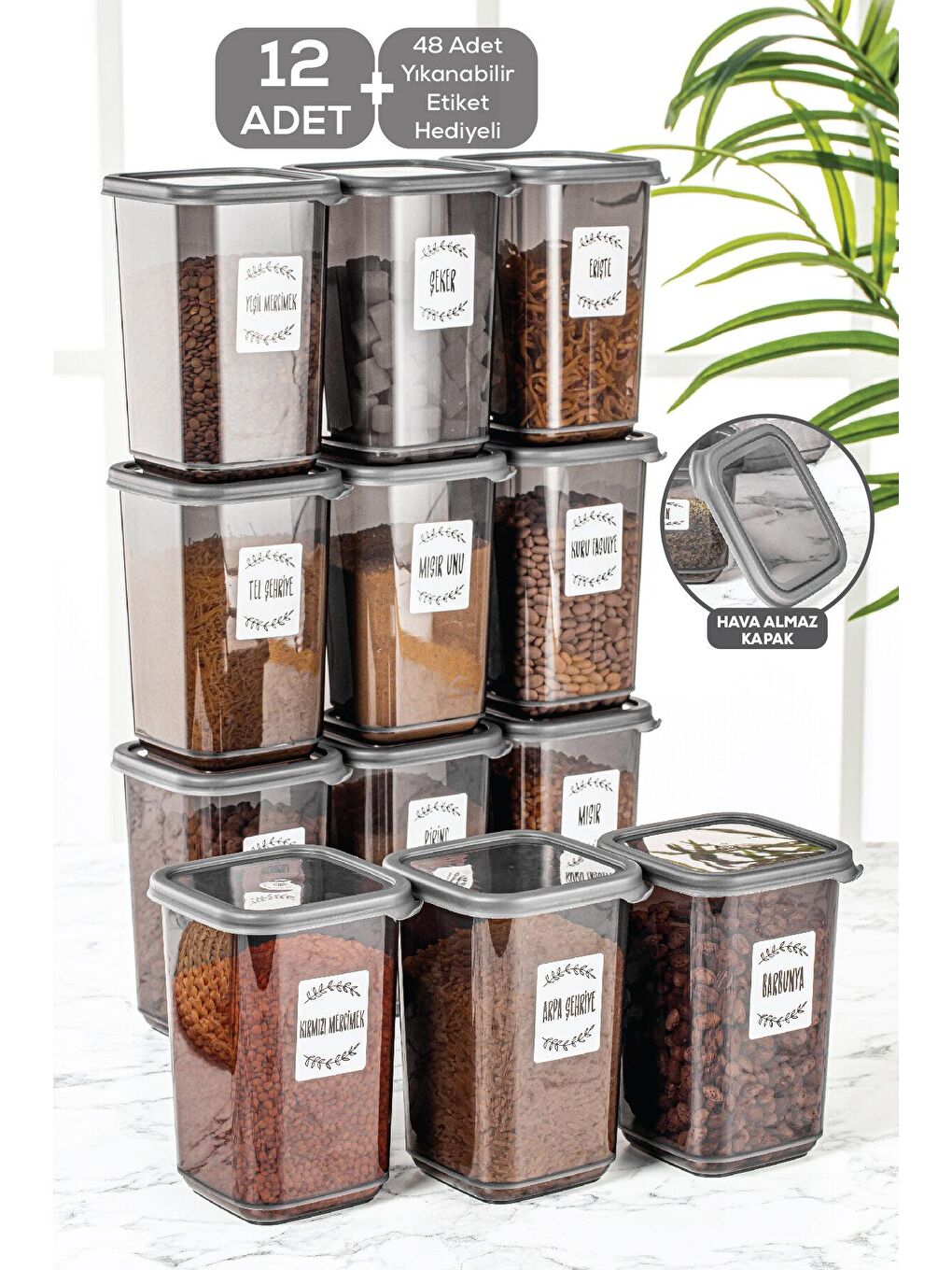 12'li Set Pino Etiketli Büyük Boy Kare Erzak Saklama Kabı Seti Antrasit 12 x 1.10 lt-2