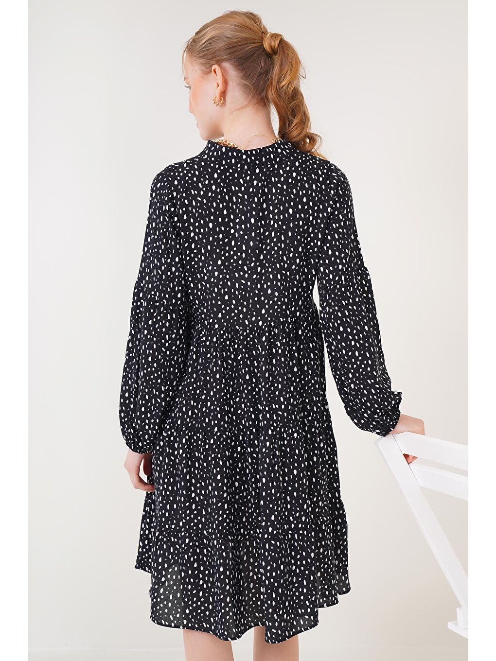 2322 Desenli Elbise - Siyah-4