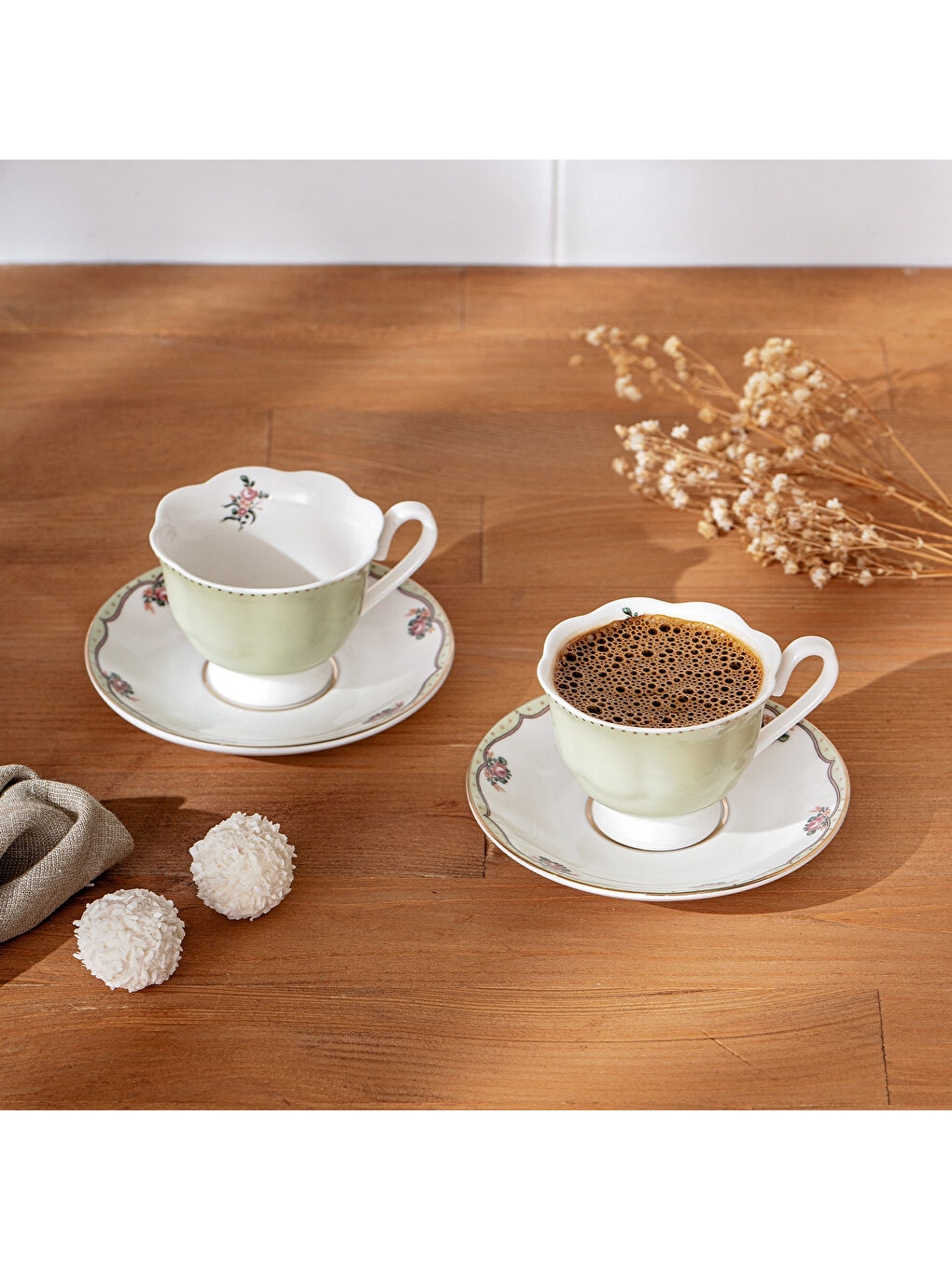 Romantic 2 Kişilik New Bone Kahve Fincan Takımı 90 ml Yeşil-2