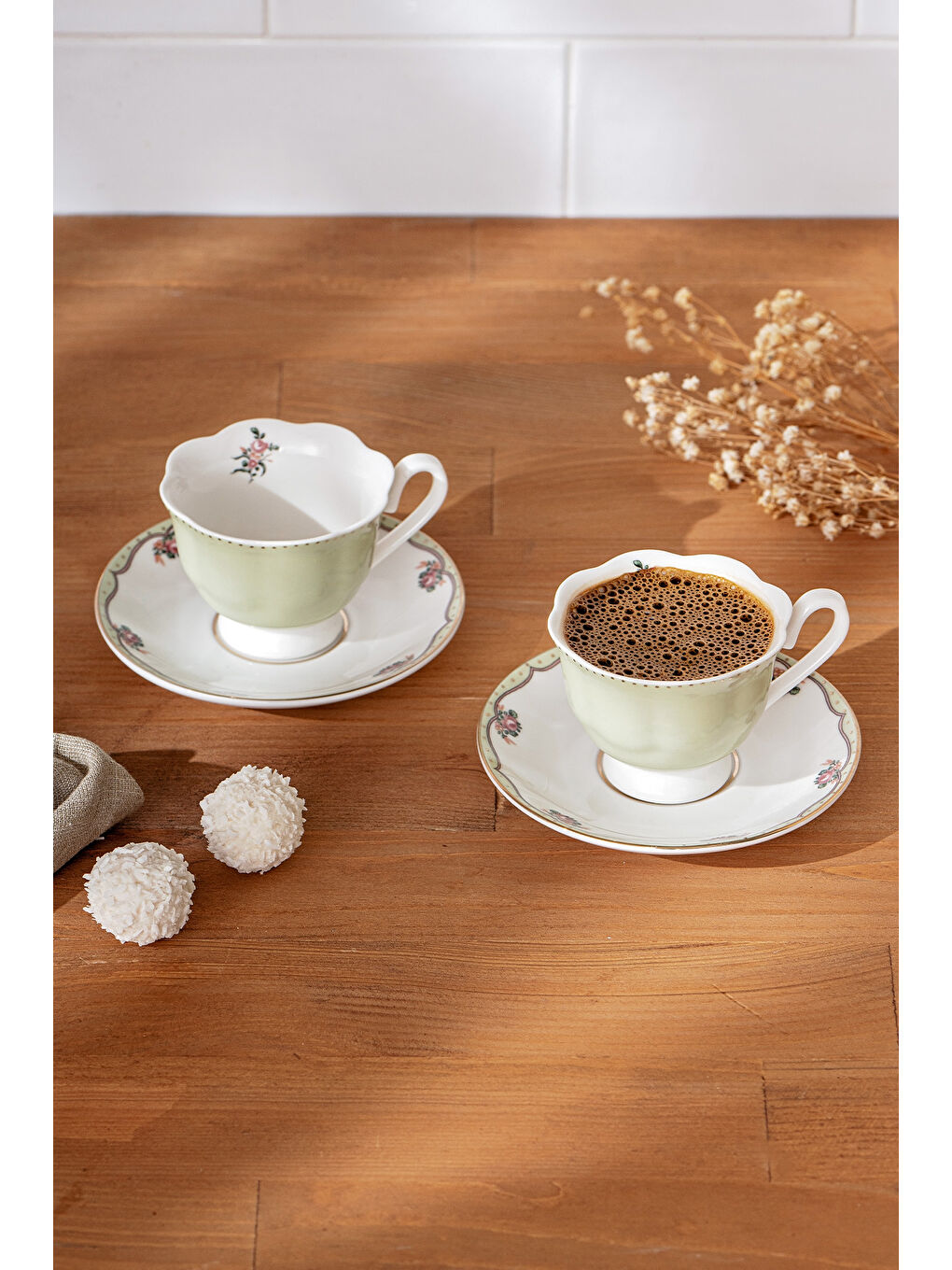 Romantic 2 Kişilik New Bone Kahve Fincan Takımı 90 ml Yeşil-3