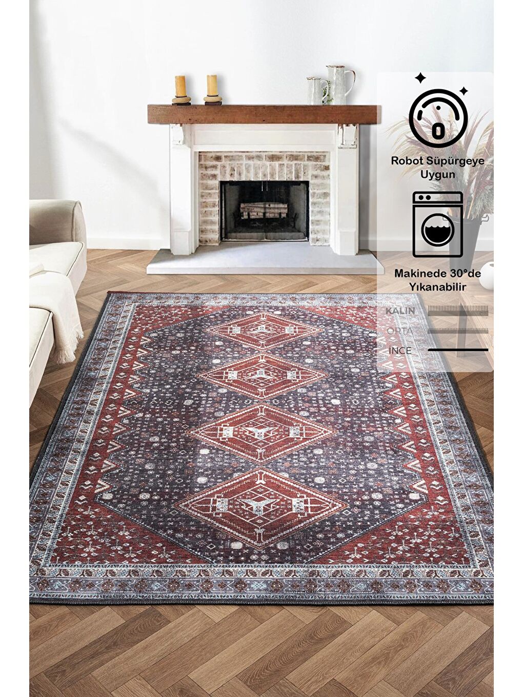 Mürdüm Antico 2355 Pamuk Tabanlı Yıkanabilir Otantik Vintage Klasik Eskitme Halı 160x230