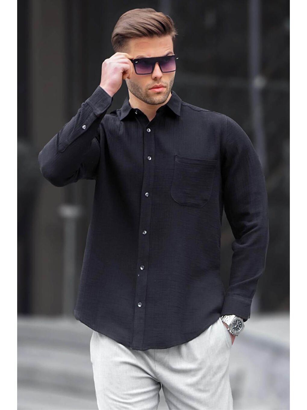 Siyah Relaxed Fit Müslin Kumaş Erkek Gömlek 5587