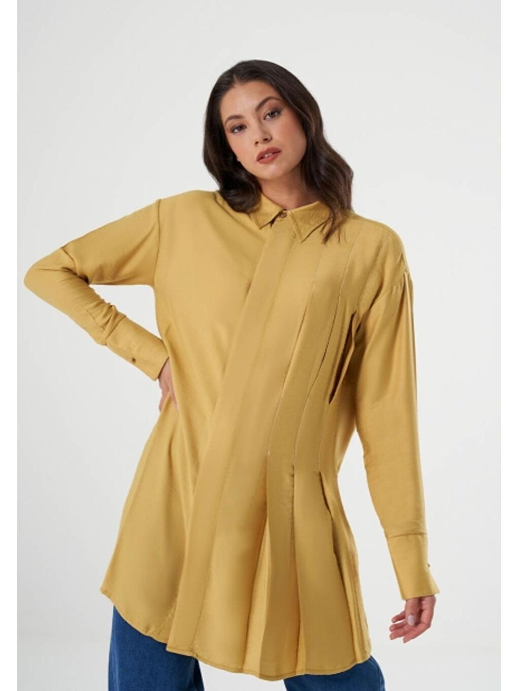 Sarı Dikiş Detaylı Hardal Gömlek-1