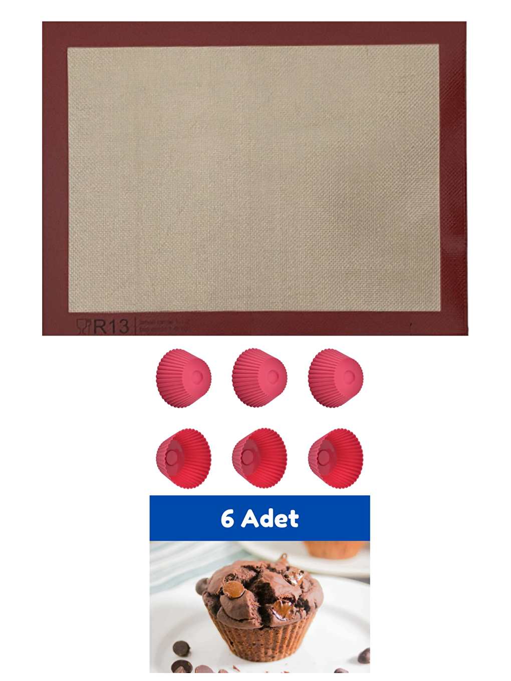 Kitchen Design Lab Kirmizi Yanmaz Yapışmaz Yıkanabilir Pişirme Matı ve Kırmızı 6'lı Silikon Mini Browni Kalıbı