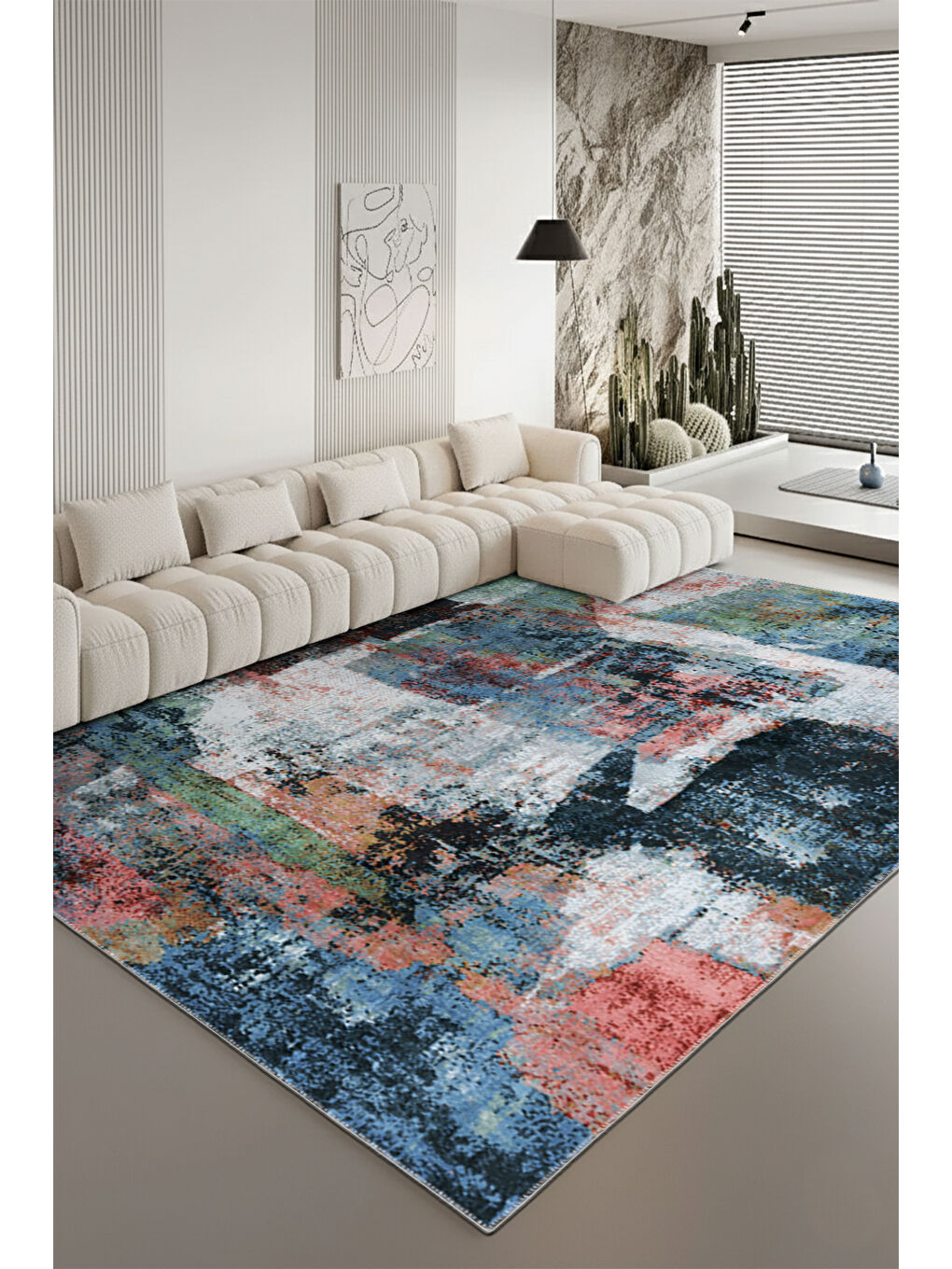 Bej Dekoratif Özel Tasarım Yıkanabilir İnce Kaymaz Tabanlı Modern Halı KECE FR34-2