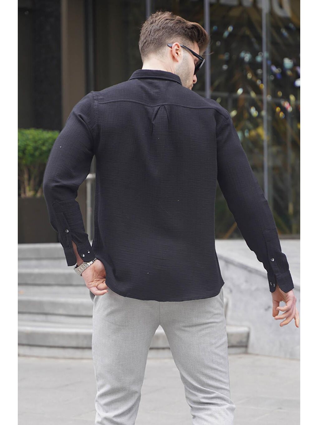 Siyah Relaxed Fit Müslin Kumaş Erkek Gömlek 5587-1