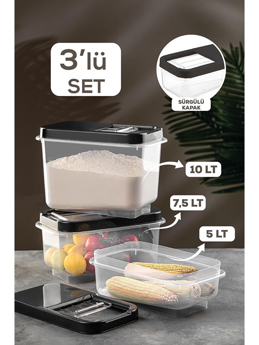 Antrasit 3'lü Bakliyat Saklama Kabı 5 lt-7,5 lt-10 lt