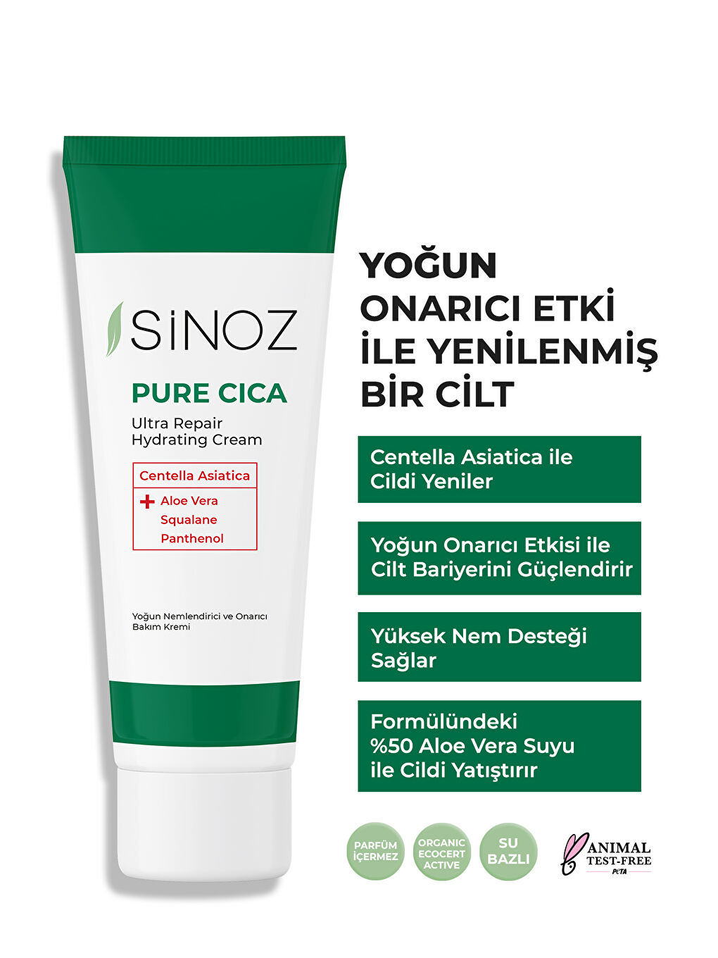 Sinoz Şeffaf Pure Cica Yoğun Onarıcı Nemlendirici Bakım Kremi 50 ML Tahriş Olmuş Hasarlı Ciltler için