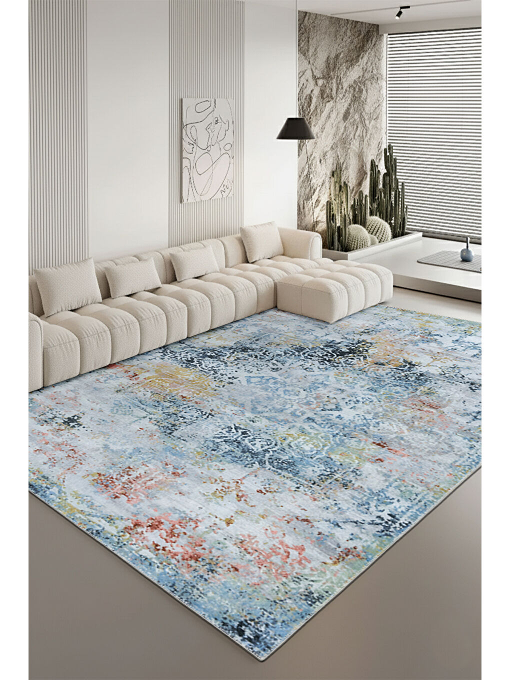 Mavi Dekoratif Özel Tasarım Yıkanabilir İnce Kaymaz Tabanlı Modern Halı KECE FR33-2