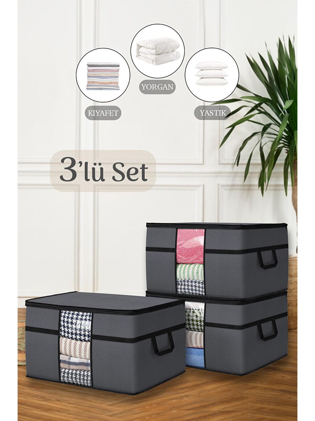 3'lü Mega Boy Yorgan Hurcu 70 x 40 x 40 cm Antrasit