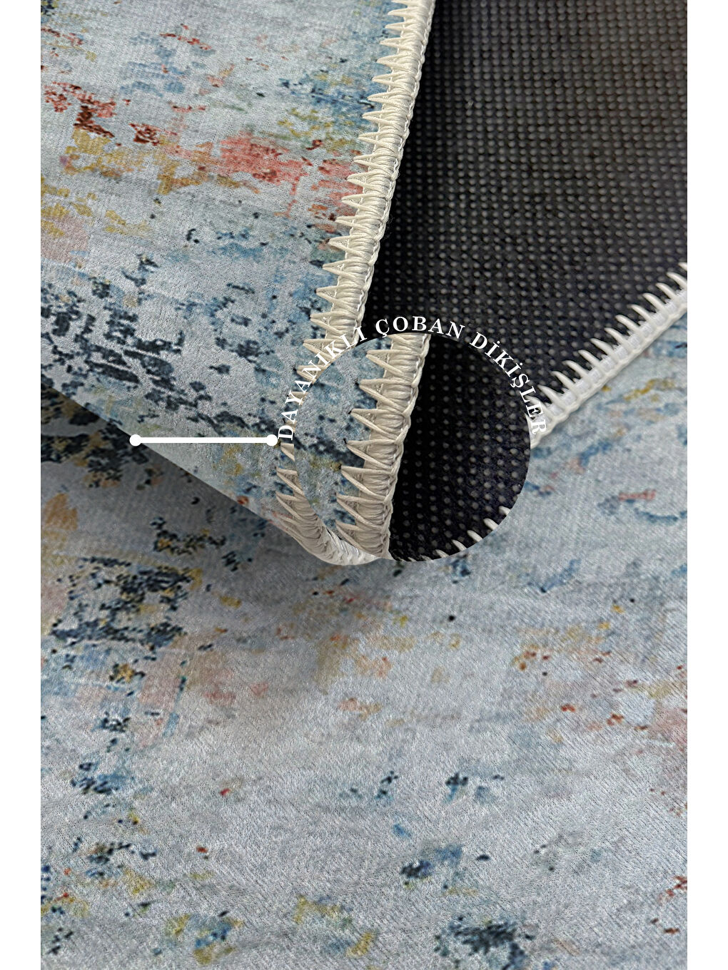 Mavi Dekoratif Özel Tasarım Yıkanabilir İnce Kaymaz Tabanlı Modern Halı KECE FR33-3