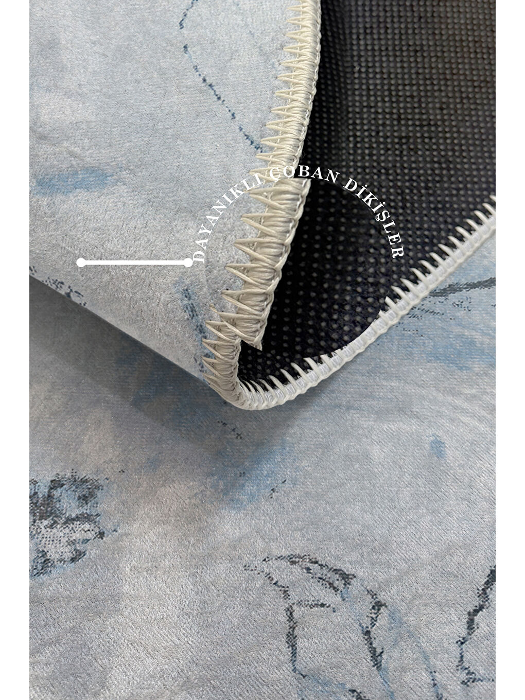Mavi Dekoratif Özel Tasarım Yıkanabilir İnce Kaymaz Tabanlı Modern Halı KECE FR33-3